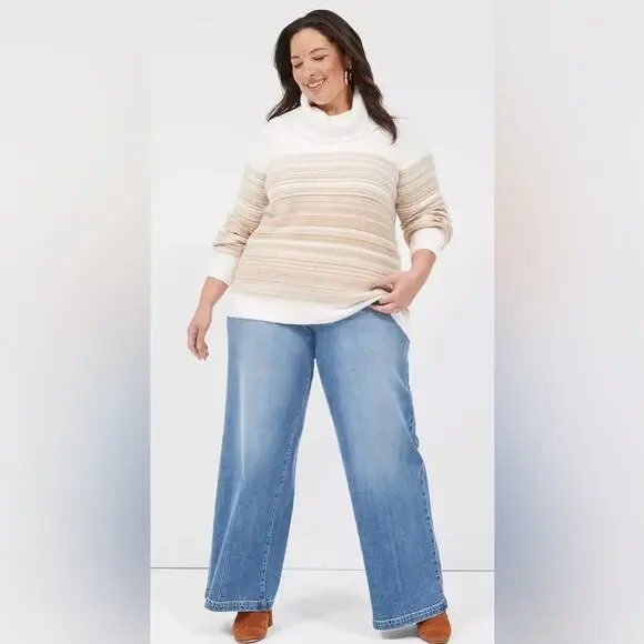 NWT Lane Bryant Cowlneck Striped Cozy Soft White Tan Warm Sweater Size 14/16 - Picture 4 of 13